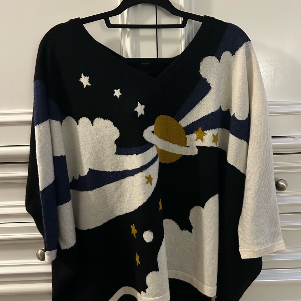NWT Happy Sheep V-Neck Black and White Planet Graphic Poncho Sweater
